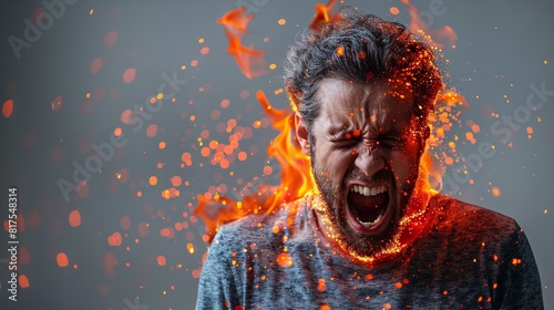 An angry man exhales fire from his mouth