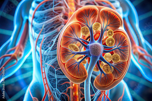 Macro view of a human kidney, showing the renal pyramid and nephrons