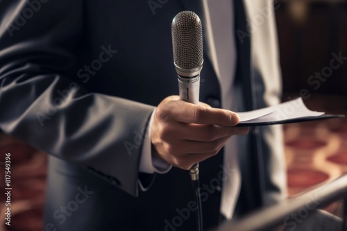 a journalist holds a microphone at a press conference and writes information in a notebook