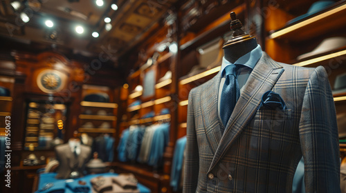 Elegant tailored suit displayed in luxury clothing store with rich wooden interior