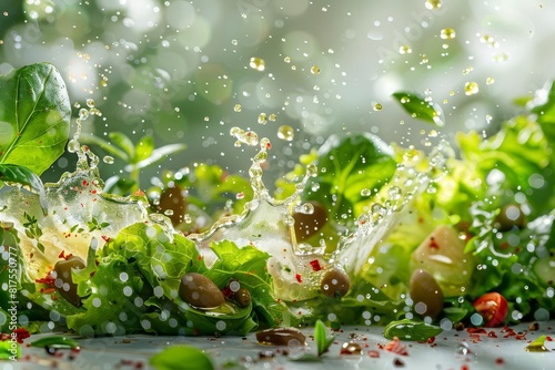 A dynamic splash of salad dressing with herbs and droplets