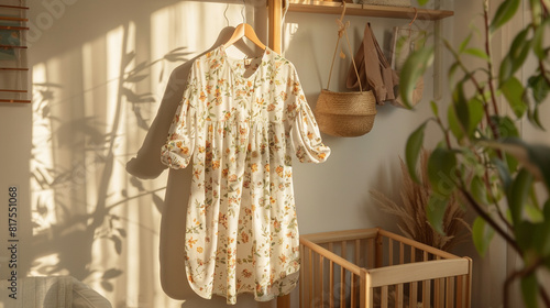 Stylish and comfortable maternity maxi dress in a soft floral print, hanging on a wooden clothing rack in a sunlit nursery, offering expectant mothers both style and comfort during pregnancy.