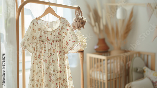A stylish and comfortable maternity maxi dress in a soft floral print, hanging on a wooden clothing rack in a sunlit nursery, offering expectant mothers both style and comfort during pregnancy.