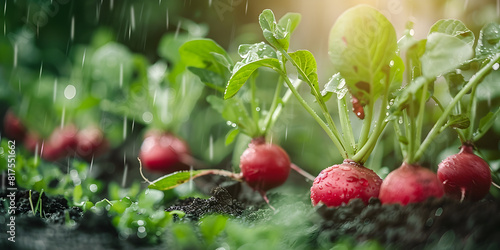 Fresh radishes grow in the garden under the rain Sale A Group of Radishes Growing in the Ground A beetroot plants growing on the ground in a garden.