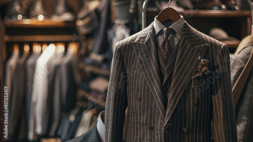 A tailored three-piece suit in fine pinstripe wool, displayed on a custom-made wooden hanger in a bespoke menswear atelier bespoke craftsmanship and sartorial elegance for discerning gentlemen.