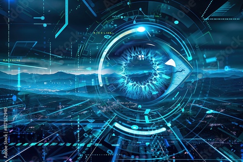 A cybernetic eye watching over a digital landscape, representing surveillance and trust in security, high-tech background, front view, advanced tone, cool color palette