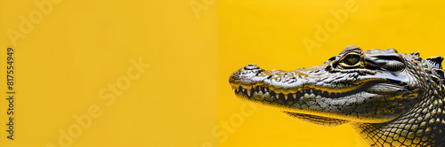 Crocodile web banner. Crocodile isolated on yellow background with copy space.