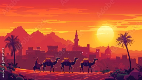 Horizontal banner with caravan of camels in Sahara desert, Morocco. Driver-berber with three camels dromedary on sunrise sky background and traditional moroccan houses 