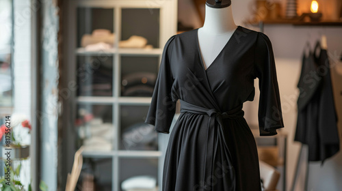 A versatile maternity wrap dress in classic black, displayed on a mannequin in a chic maternity boutique, offering expectant mothers a stylish and flattering option for both casual 