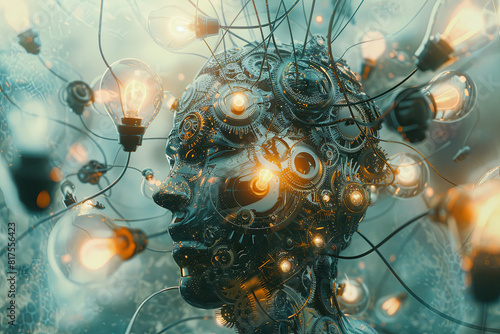 Abstract image of an overloaded mind, with gears, light bulbs, and stress symbols accumulating and tangling, representing mental and emotional chaos