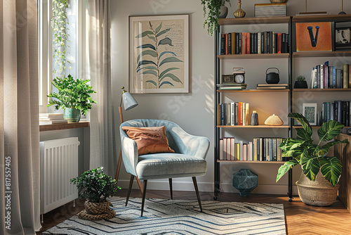 Cozy home office corner with a designer chair, a curated bookshelf, artistic prints on the walls, and lush plants, all in a soft color palette