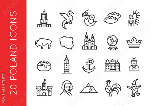 Poland icons. Set of 20 trendy minimal icons representing Polish culture, landmarks, and folklore such as the Wawel Dragon, Warsaw Mermaid, Tatra Mountains. Vector illustration. 