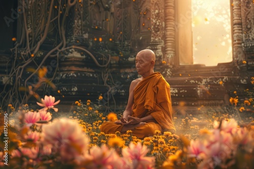 A monk meditating in lotus position surrounded by blooming flowers and ancient ruins.