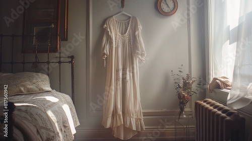 An ethereal bohemian maxi dress in flowing chiffon fabric, adorned with delicate lace trim and intricate embroidery, hanging on a vintage coat rack in a sunlit bedroom, perfect for free-spirited 
