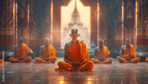 A group of monks meditating in the temple