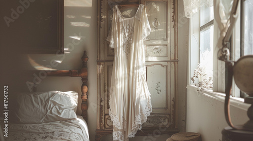 Ethereal bohemian maxi dress in flowing chiffon fabric, adorned with delicate lace trim and intricate embroidery, hanging on a vintage coat rack in a sunlit bedroom, perfect for free-spirited souls 