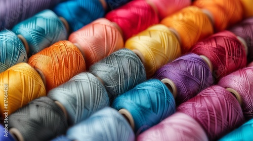 Overhead shot of tailor threads, carefully arranged to display an array of colors and thicknesses, isolated background for focus