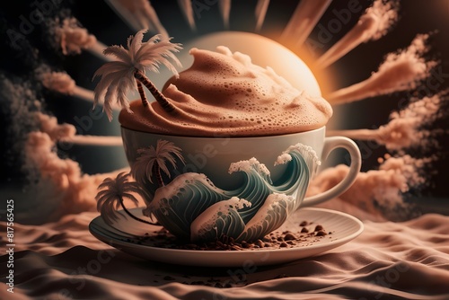 Cup and coffee beans floating in space wallpaper 3d illustration