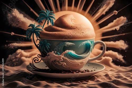 Cup and coffee beans floating in space wallpaper 3d illustration