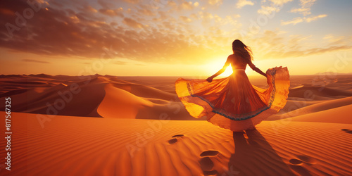 back view of woman in maxi dress in desert