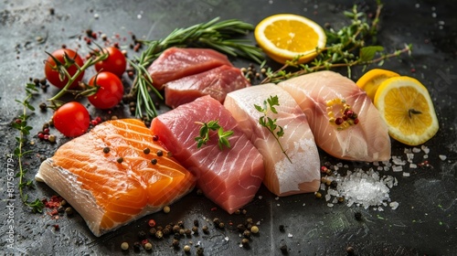 High-detail shot of assorted premium fish steaks, each with its own flavor and cooking properties, showcased on an isolated backdrop