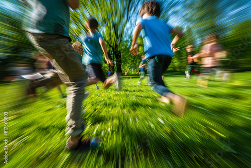 Children running and playing in a park, with blurred trails capturing their liveliness and boundless energy