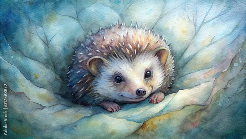 A baby hedgehog curled up in a watercolor burrow, with prickly spines visible.