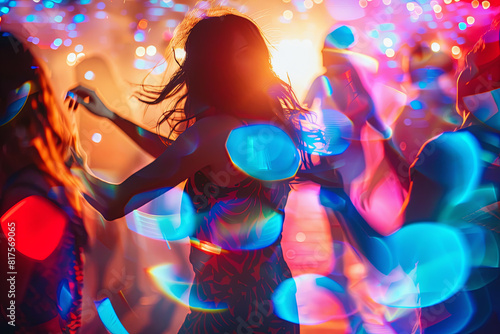 Friends dancing at a music festival, with colorful trails and blurred lights conveying euphoria and excitement