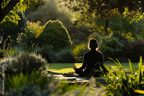 Meditator sitting in a tranquil garden, with subtle movement trails in the surrounding leaves or grass