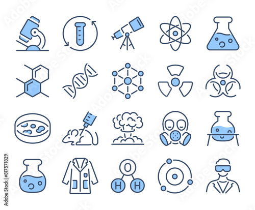 Science, chemistry and laboratory blue editable stroke outline icons set isolated on white background flat vector illustration. Pixel perfect. 64 x 64