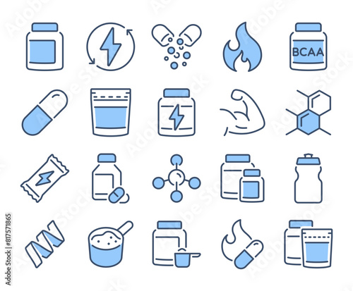 Sport supplements and fitness nutrition blue editable stroke outline icons set isolated on white background flat vector illustration. Pixel perfect. 64 x 64