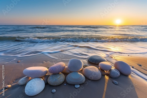 A serene beach scene with smooth, rounded stones piled by the shoreline, waves gently lapping at their base at sunset. 32k, full ultra HD, high resolution