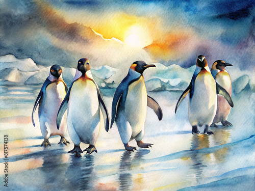 A group of penguins waddling across the ice, their sleek black and white coats glistening under the sun.