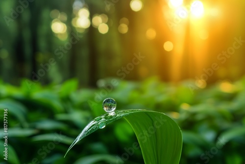 A single dewdrop on a vibrant green leaf, catching the morning sunlight, with a blurred forest background. 32k, full ultra HD, high resolution