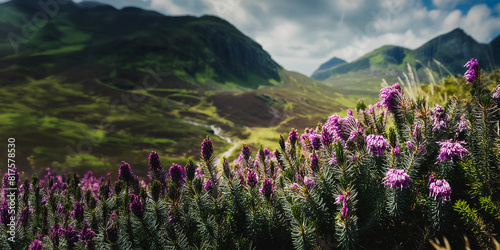 Heather growing on the slopes of mountains in the Scottish highlands. Rugged landscape of Scotland.