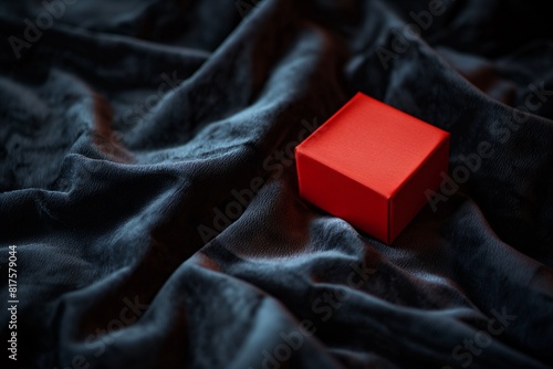 A small, bright red box on a dark velvet background, the color popping vividly against the subdued texture of the velvet. 32k, full ultra HD, high resolution