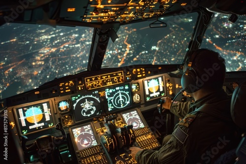 A man sits in the cockpit of an airplane at night, focused on the controls and instruments