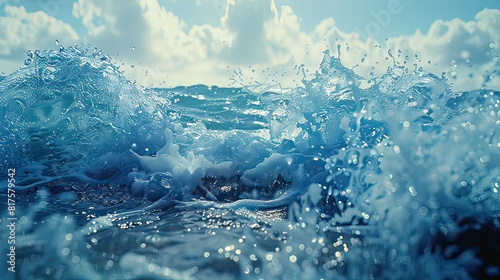Hyperrealistic ocean wave crashing against rocks, water droplets in mid-air, high shutter speed, deep blues, natural light