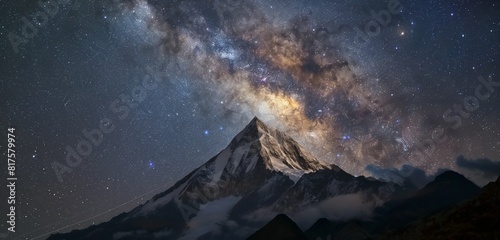 A snow-capped mountain peak under a star-filled night sky, the Milky Way clearly visible and arcing over the summit. 32k, full ultra HD, high resolution