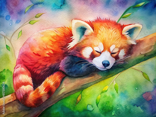 A charming red panda napping on a branch, watercolor painting.