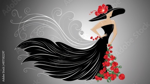 Elegant Woman in Flowing Black Dress with Red Flowers and Stylish Hat
