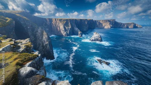 A stunning coastal scene, with rugged cliffs overlooking a deep blue ocean and waves crashing against the shore. 32k, full ultra HD, high resolution