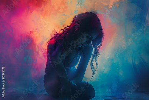 Colorful background with lonely woman depressed