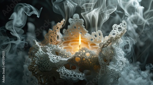 A candle whose smoke turns into intricate, floating lace patterns, 