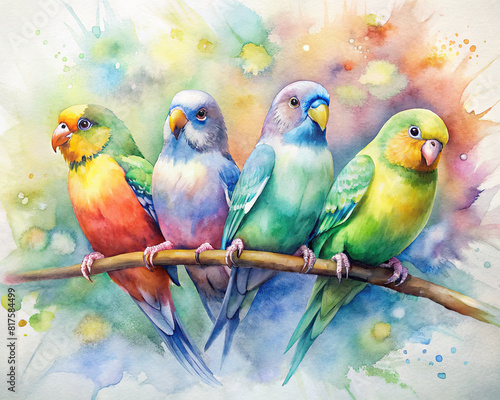 A group of colorful parakeets perched on a branch, feathers vibrant 