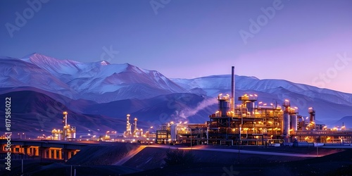 Evening desert oil refinery plant in twilight producing petroleum and gas. Concept Industrial Photography, Twilight Scenery, Oil Refinery, Petroleum Production, Gas Manufacturing
