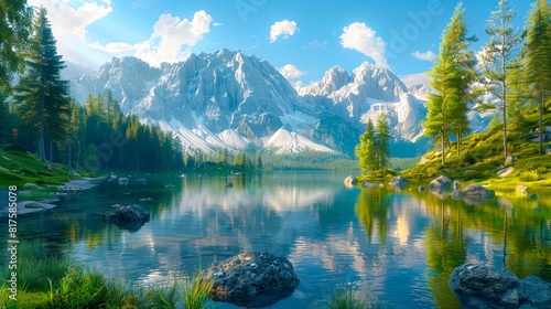 A beautiful lake with mountains and trees.