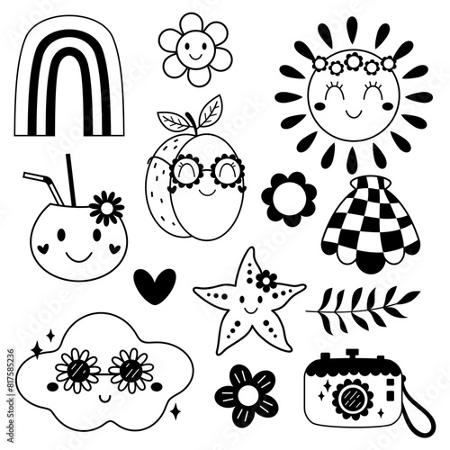 summer clipart, retro clipart, retro summer, groovy, summer vibes, hello summer, summer time, black and white, vintage, groove baby, sun, cloud, rainbow, flower, flower power, shell, fruit, clipart, c