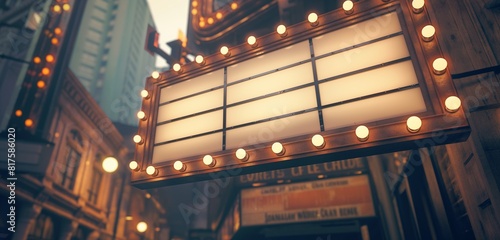 A vintage cinema marquee with blank panels in a retro-style downtown area, the bulbs around the sign casting a warm glow on the empty slots. 32k, full ultra HD, high resolution