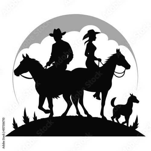 A black vector silhouette of a cowboy and cowgirl riding horses together. There is also a dog